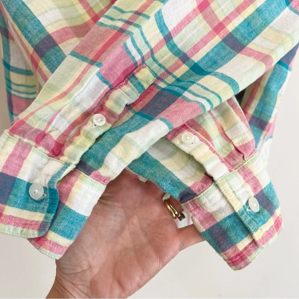 Chaps Womens Linen Blend Button Up Shirt 1X Pink Green Plaid Coastal Preppy - Picture 5 of 11